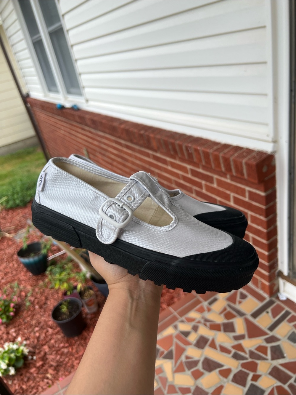 Vans Silver Coated Canvas Mary Jane Sneakers with Black Sole